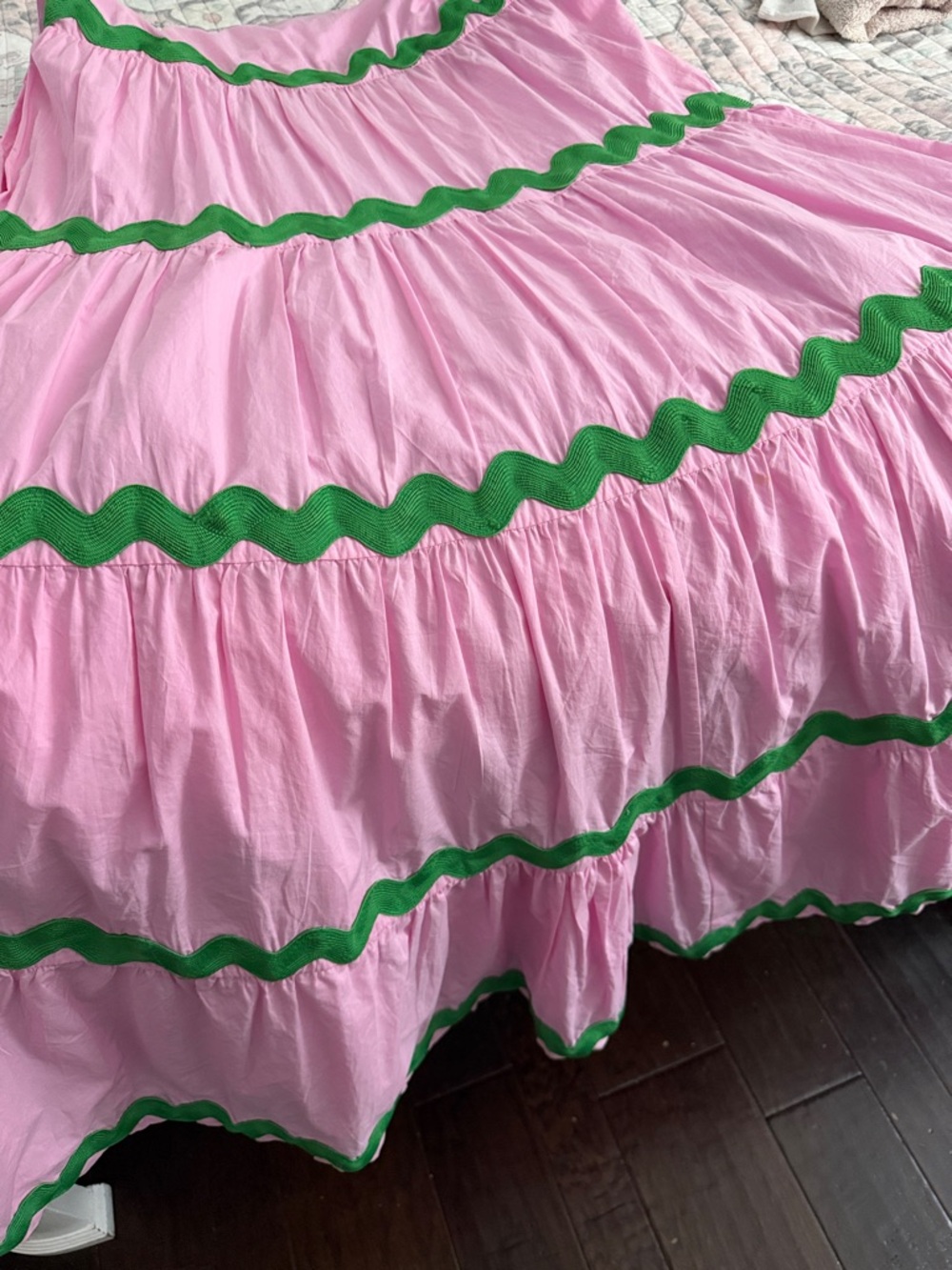 Women's Pink Maxi Dress with Green Trim - Sleeveless Summer Tiered Gown - Picture 8 of 8